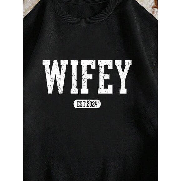 ⚡Women Black Wifey Imported Graphic Crewneck Long Sleeve Pullover Sweatshirt - Picture 5 of 5